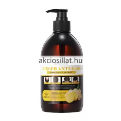 A Sadoer Ginger Hajhullás Elleni sampon 500ml.jpg fotón a prémium hajhullás elleni sampon látható: egy nagyméretű, sötétbarna tónusú áttetsző műanyag flakon fekete pumpás adagolófejjel, az elülső oldalán fehér alapon arany betűs GINGER ANTI-HAIR LOSS ESSENCE SHAMPOO felirattal, alatta pedig előtte-utána fotókkal illusztrált grafika és egy félbevágott friss gyömbérgyökér rajza helyezkedik el.