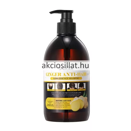A Sadoer Ginger Hajhullás Elleni sampon 500ml.jpg fotón a prémium hajhullás elleni sampon látható: egy nagyméretű, sötétbarna tónusú áttetsző műanyag flakon fekete pumpás adagolófejjel, az elülső oldalán fehér alapon arany betűs GINGER ANTI-HAIR LOSS ESSENCE SHAMPOO felirattal, alatta pedig előtte-utána fotókkal illusztrált grafika és egy félbevágott friss gyömbérgyökér rajza helyezkedik el.