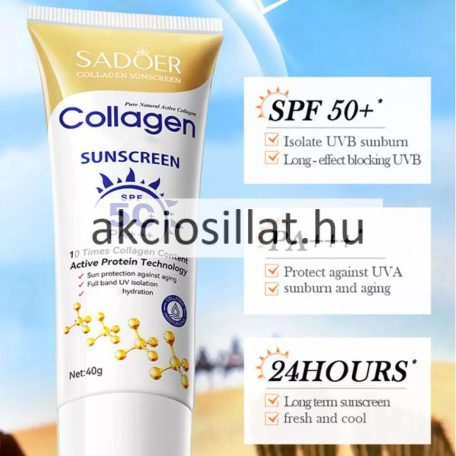 Sadoer Collagen Sunscreen SPF 50+ kollagénes fényvédő krém tubusa és arany-fehér doboza.