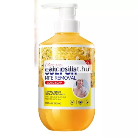 Sadoer Anti-Acne Sulfur Mite Removal 500ml-es akne elleni folyékony szappan sárgás flakonja fehér pumpás adagolófejjel és sárga-fehér feliratos címkéve