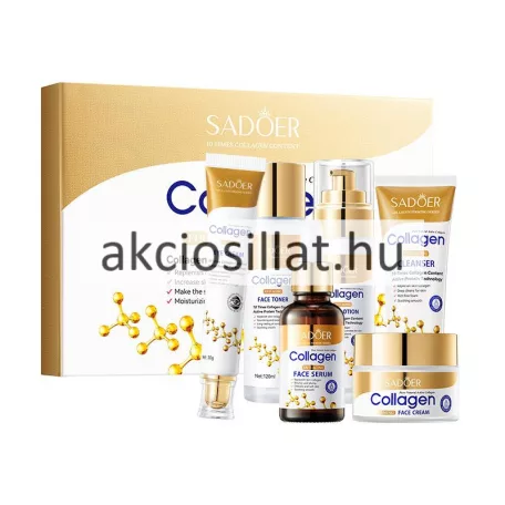 Sadoer Collagen Firming Six Piece Set 6 darabos arcápoló szett arany-fehér díszdobozban, előtte a felsorakozott lemosó tubus, arctonik, arcápoló tej, arcszérum, szemkörnyékápoló és tégelyes arckrém.
