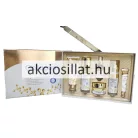 Sadoer Collagen Firming Six Piece Set 6 darabos arcápoló szett arany-fehér díszdobozban, előtte a felsorakozott lemosó tubus, arctonik, arcápoló tej, arcszérum, szemkörnyékápoló és tégelyes arckrém.