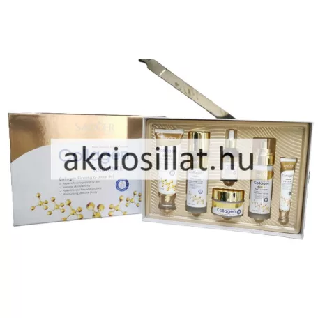 Sadoer Collagen Firming Six Piece Set 6 darabos arcápoló szett arany-fehér díszdobozban, előtte a felsorakozott lemosó tubus, arctonik, arcápoló tej, arcszérum, szemkörnyékápoló és tégelyes arckrém.
