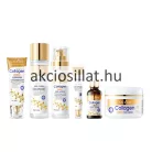 Sadoer Collagen Firming Six Piece Set 6 darabos arcápoló szett arany-fehér díszdobozban, előtte a felsorakozott lemosó tubus, arctonik, arcápoló tej, arcszérum, szemkörnyékápoló és tégelyes arckrém.