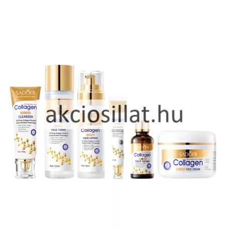 Sadoer Collagen Firming Six Piece Set 6 darabos arcápoló szett arany-fehér díszdobozban, előtte a felsorakozott lemosó tubus, arctonik, arcápoló tej, arcszérum, szemkörnyékápoló és tégelyes arckrém.