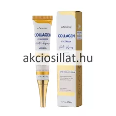 Kormesic Collagen Eye Cream 20g-os kollagénes szemkörnyékápoló krém álló karcsú fehér színű műanyag tubusban arany felső és alsó sávval kék COLLAGEN felirattal fekete EYE CREAM felirattal és írott stílusú Anti-Aging jelöléssel a tubus alján hosszúkás hegyes arany színű csavaros kupakkal valamint mellette a termék függőleges fehér és arany mintás díszdoboza látható
