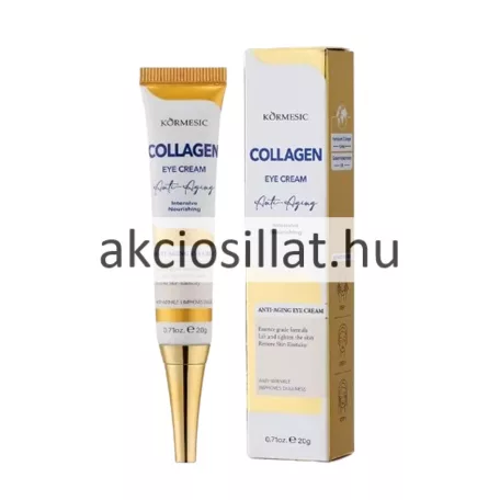 Kormesic Collagen Eye Cream 20g-os kollagénes szemkörnyékápoló krém álló karcsú fehér színű műanyag tubusban arany felső és alsó sávval kék COLLAGEN felirattal fekete EYE CREAM felirattal és írott stílusú Anti-Aging jelöléssel a tubus alján hosszúkás hegyes arany színű csavaros kupakkal valamint mellette a termék függőleges fehér és arany mintás díszdoboza látható