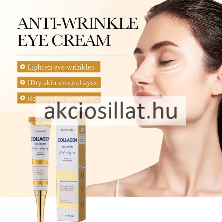 Kormesic Collagen Eye Cream 20g-os kollagénes szemkörnyékápoló krém álló karcsú fehér színű műanyag tubusban arany felső és alsó sávval kék COLLAGEN felirattal fekete EYE CREAM felirattal és írott stílusú Anti-Aging jelöléssel a tubus alján hosszúkás hegyes arany színű csavaros kupakkal valamint mellette a termék függőleges fehér és arany mintás díszdoboza látható