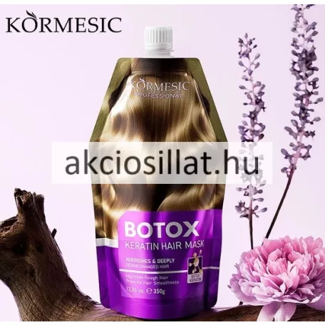 Kormesic Botox Keratin 350g-os hajmaszk álló lila színű tasakos kiszerelésben fehér kupakkal melynek felső részén egy fényes barna hullámos hajtincs grafikája látható alul pedig fehér betűs Botox Keratin Hair Mask felirat