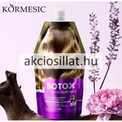 Kormesic Botox Keratin 350g-os hajmaszk álló lila színű tasakos kiszerelésben fehér kupakkal melynek felső részén egy fényes barna hullámos hajtincs grafikája látható alul pedig fehér betűs Botox Keratin Hair Mask felirat