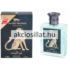 V.V.Love Sacred Promise 100ml-es férfi Eau de Toilette türkizkék üvege és gepárdmintás sötétkék díszdoboza fekete kupakkal.
