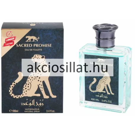 V.V.Love Sacred Promise 100ml-es férfi Eau de Toilette türkizkék üvege és gepárdmintás sötétkék díszdoboza fekete kupakkal.