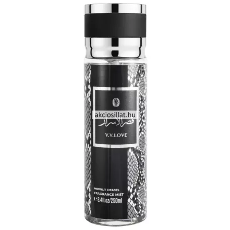 V.V.Love Moonlit Citadel 250ml-es férfi testpermet fekete-szürke kígyóbőr mintás flakonban ezüst és fekete kupakkal.