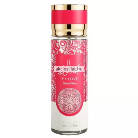 V.V.Love Eternal Rose 250ml-es női testpermet átlátszó hengeres flakonban amelyben víztiszta folyadék látható a flakon felső kétharmadát piros alapon fehér színű indás-virágos és keleties mandala motívumok borítják a közepén arab írással és fehér betűs V.V.LOVE Eternal Rose felirattal a tetején egy fémhatású arany színű kupakkal és egy rajta lévő széles pink sávval