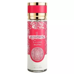 V.V.Love Eternal Rose 250ml-es női testpermet átlátszó hengeres flakonban amelyben víztiszta folyadék látható a flakon felső kétharmadát piros alapon fehér színű indás-virágos és keleties mandala motívumok borítják a közepén arab írással és fehér betűs V.V.LOVE Eternal Rose felirattal a tetején egy fémhatású arany színű kupakkal és egy rajta lévő széles pink sávval