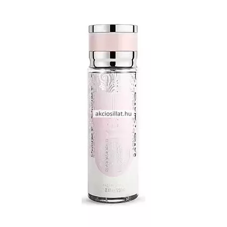 V.V.Love Crimson Bloom 250ml-es női testpermet halványrózsaszín-fehér flakonban, ezüst mintákkal és ezüst-rózsaszín kupakkal.