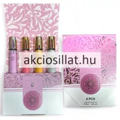 V.V.Love Crimson Bloom és Eternal Rose 4 darabos női parfüm szett amely egy nyitott halványrózsaszín és fehér indás mintás díszdobozban elhelyezett négy darab vékony álló hengeres üvegcsét mutat be fényes ezüst és arany színű kupakokkal sorrendben halványlila rózsaszín sárga és világosszürke mintás címkékkel ellátva arab írásjelekkel valamint mellette a szett zárt díszdoboza látható kerek fémhatású rózsaszín mandala motívummal