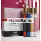 V.V.Love Missy G.G. Runway Palette 4 darabos parfüm szett amely egy fehér és halványrózsaszín csillámos mintájú négyzet alakú díszdobozból és mellette négy darab álló hengeres vékony üvegcséből áll az üvegek fényes arany kupakkal és dombornyomott GG logóval vannak ellátva sorrendben piros sötétkék arany csillámos és rózsaszín csillámos kivitelben