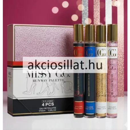 V.V.Love Missy G.G. Runway Palette 4 darabos parfüm szett amely egy fehér és halványrózsaszín csillámos mintájú négyzet alakú díszdobozból és mellette négy darab álló hengeres vékony üvegcséből áll az üvegek fényes arany kupakkal és dombornyomott GG logóval vannak ellátva sorrendben piros sötétkék arany csillámos és rózsaszín csillámos kivitelben