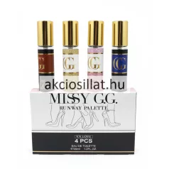 V.V.Love Missy G.G. Runway Palette 4 darabos parfüm szett amely egy fehér és halványrózsaszín csillámos mintájú négyzet alakú díszdobozból és mellette négy darab álló hengeres vékony üvegcséből áll az üvegek fényes arany kupakkal és dombornyomott GG logóval vannak ellátva sorrendben piros sötétkék arany csillámos és rózsaszín csillámos kivitelben