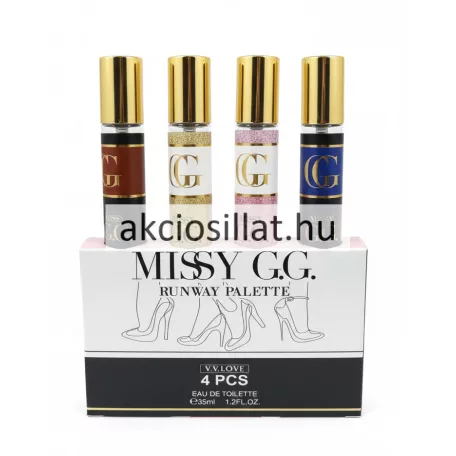 V.V.Love Missy G.G. Runway Palette 4 darabos parfüm szett amely egy fehér és halványrózsaszín csillámos mintájú négyzet alakú díszdobozból és mellette négy darab álló hengeres vékony üvegcséből áll az üvegek fényes arany kupakkal és dombornyomott GG logóval vannak ellátva sorrendben piros sötétkék arany csillámos és rózsaszín csillámos kivitelben