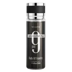 V.V.Love 9 pm Oath of Fidelity 250ml-es férfi testpermet sötét csíkos flakonban, nagy ezüst mintával és ezüst-fekete kupakkal.