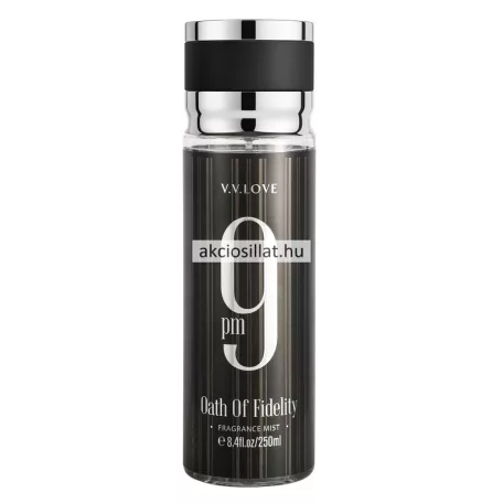 V.V.Love 9 pm Oath of Fidelity 250ml-es férfi testpermet sötét csíkos flakonban, nagy ezüst mintával és ezüst-fekete kupakkal.