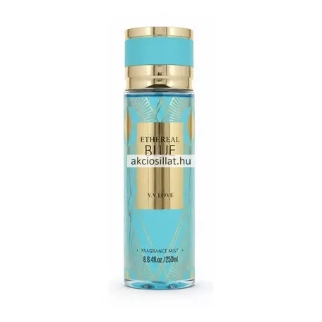 V.V.Love Ethereal Blue 250ml-es női testpermet türkizkék flakonban, arany art deco mintával és aranyozott kupakkal.