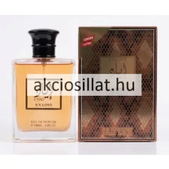V.V. Love Eyad 100ml-es Eau de Parfum üvege borostyánszínű parfümmel és barna kígyóbőr mintás doboza arany feliratokkal.