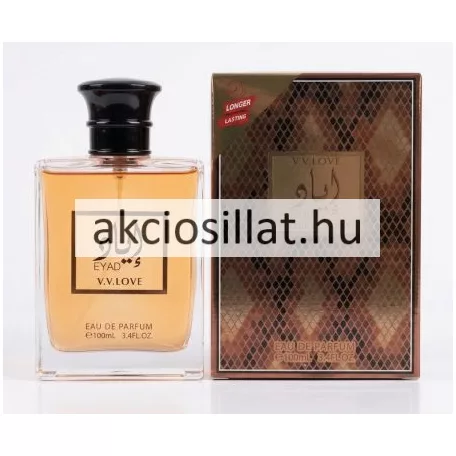 V.V. Love Eyad 100ml-es Eau de Parfum üvege borostyánszínű parfümmel és barna kígyóbőr mintás doboza arany feliratokkal.