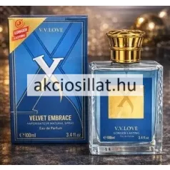 V.V.Love X Velvet Embrace 100ml-es Eau de Parfum üvege arany kupakkal és kék-arany X mintás díszdoboza.