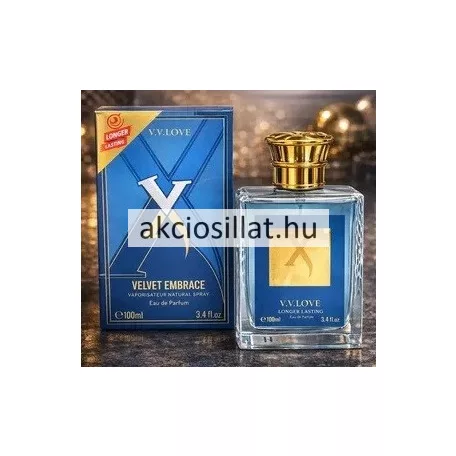 V.V.Love X Velvet Embrace 100ml-es Eau de Parfum üvege arany kupakkal és kék-arany X mintás díszdoboza.
