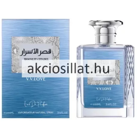 V.V.Love Moonlit Citadel 100ml-es férfi Eau de Parfum világoskék üvege és texturált kék díszdoboza arab felirattal.