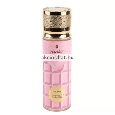 V.V.Love Refreshing Sweet 250ml-es női testpermet álló hengeres átlátszó flakonban halványrózsaszín folyadékkal a flakonpalástot rózsaszín táblás csokoládé mintázat borítja felül csorgatott krémhatással és kerek arany színű V.V.Love feliratos címkével a tetején pedig egy aprólékosan kidolgozott mintás fényes arany színű kupakkal