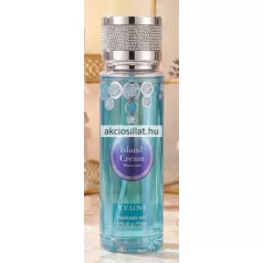 V.V.Love Island Cream Macaroon 250ml-es női testpermet türkizkék flakonban, csillogó strasszköves ezüst kupakkal.