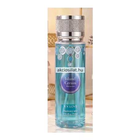 V.V.Love Island Cream Macaroon 250ml-es női testpermet türkizkék flakonban, csillogó strasszköves ezüst kupakkal.
