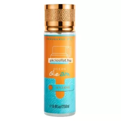 V.V.Love Ocean Gleam 250ml-es testpermet álló hengeres flakonban melynek palástja kétrészes színezetű felső része élénk narancssárga FRAGRANCE MIST felirattal és egy stilizált kulacs kék sziluettjével középen fehér és kék betűs OCEAN GLEAM felirattal alsó része pedig világoskék alapon finom textúrájú hullámmintával díszített V.V.LOVE feliratos kék sávval a tetején fémhatású fényes arany kupakkal melynek felső része apró pontszerű textúrával mintázott