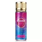 V.V.Love Ahlam 250ml-es női testpermet pink, lila és kék absztrakt mintás flakonban, texturált arany kupakkal.