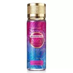 V.V.Love Ahlam 250ml-es női testpermet pink, lila és kék absztrakt mintás flakonban, texturált arany kupakkal.