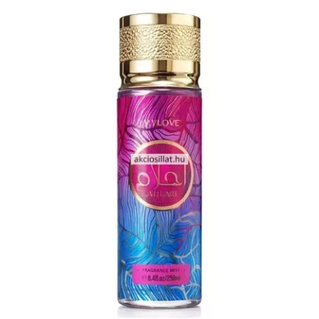 V.V.Love Ahlam 250ml-es női testpermet pink, lila és kék absztrakt mintás flakonban, texturált arany kupakkal.