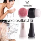 A Miss Rose többfunkciós arctisztító kefe, arcmasszázs és arctisztítás.jpg képen a kétoldalas arctisztító kefe látható fehér-rózsaszín és fekete-rózsaszín változatban, arcmosó női arcok illusztrációja mellett.
