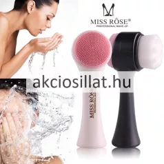 A Miss Rose többfunkciós arctisztító kefe, arcmasszázs és arctisztítás.jpg képen a kétoldalas arctisztító kefe látható fehér-rózsaszín és fekete-rózsaszín változatban, arcmosó női arcok illusztrációja mellett.