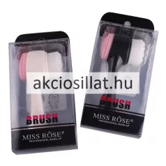 A Miss Rose többfunkciós arctisztító kefe, arcmasszázs és arctisztítás.jpg képen a kétoldalas arctisztító kefe látható fehér-rózsaszín és fekete-rózsaszín változatban, arcmosó női arcok illusztrációja mellett.
