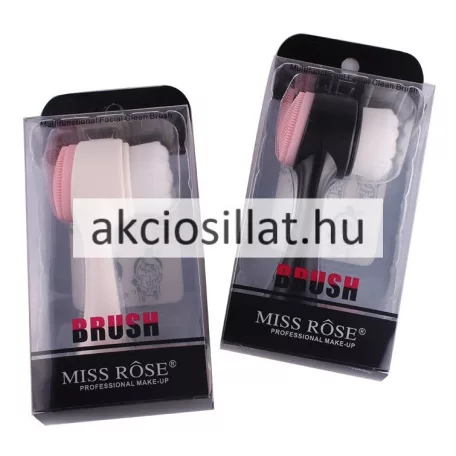 A Miss Rose többfunkciós arctisztító kefe, arcmasszázs és arctisztítás.jpg képen a kétoldalas arctisztító kefe látható fehér-rózsaszín és fekete-rózsaszín változatban, arcmosó női arcok illusztrációja mellett.
