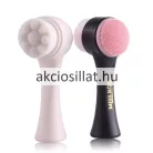 A Miss Rose többfunkciós arctisztító kefe, arcmasszázs és arctisztítás.jpg képen a kétoldalas arctisztító kefe látható fehér-rózsaszín és fekete-rózsaszín változatban, arcmosó női arcok illusztrációja mellett.