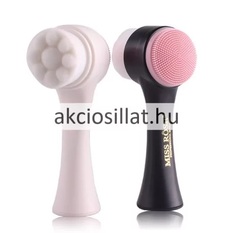 A Miss Rose többfunkciós arctisztító kefe, arcmasszázs és arctisztítás.jpg képen a kétoldalas arctisztító kefe látható fehér-rózsaszín és fekete-rózsaszín változatban, arcmosó női arcok illusztrációja mellett.