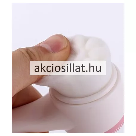 A Miss Rose többfunkciós arctisztító kefe, arcmasszázs és arctisztítás.jpg képen a kétoldalas arctisztító kefe látható fehér-rózsaszín és fekete-rózsaszín változatban, arcmosó női arcok illusztrációja mellett.