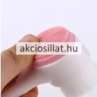 A Miss Rose többfunkciós arctisztító kefe, arcmasszázs és arctisztítás.jpg képen a kétoldalas arctisztító kefe látható fehér-rózsaszín és fekete-rózsaszín változatban, arcmosó női arcok illusztrációja mellett.