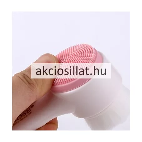 A Miss Rose többfunkciós arctisztító kefe, arcmasszázs és arctisztítás.jpg képen a kétoldalas arctisztító kefe látható fehér-rózsaszín és fekete-rózsaszín változatban, arcmosó női arcok illusztrációja mellett.