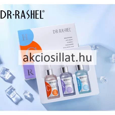 DR Rashel Complete Facial Serum Set háromrészes arcszérum csomag fehér díszdobozban, mellette a pipettás Vitamin C, Retinol és Hyaluronic Acid szérumos üvegekkel.